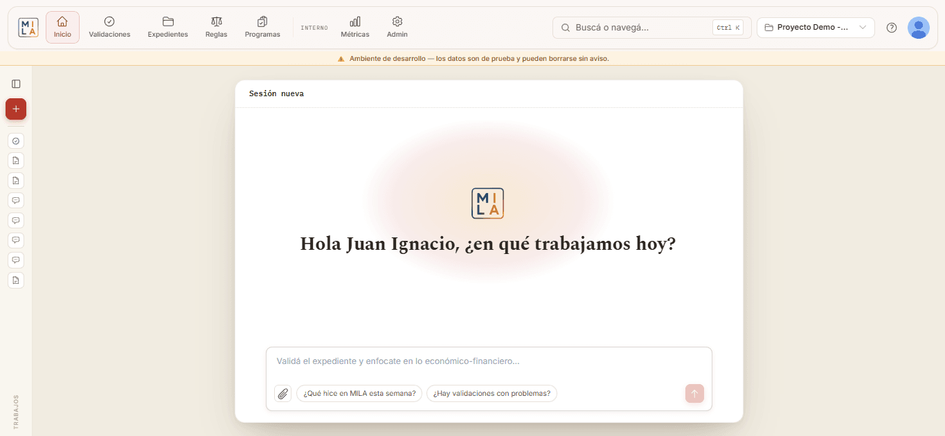 Pantalla real de Mila: inicio de una sesión nueva para cargar el expediente