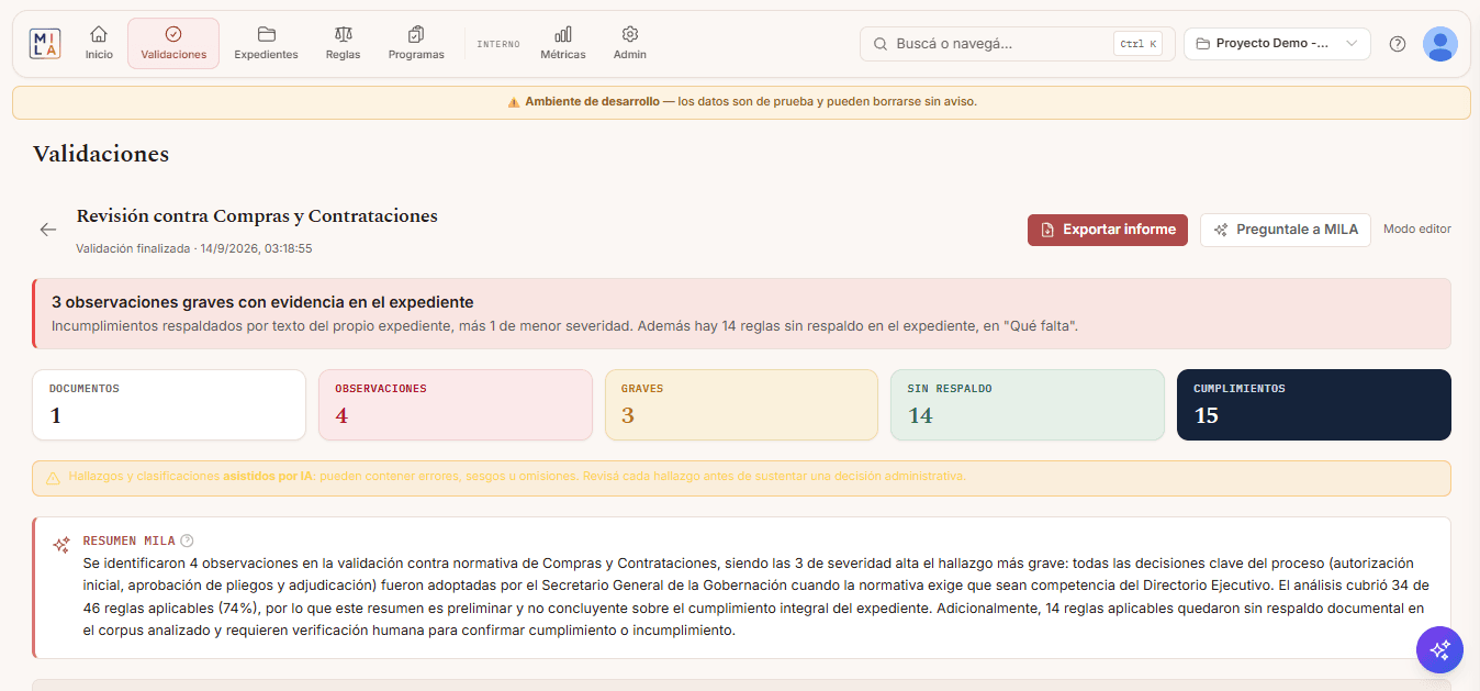 Pantalla real de Mila: resultado de una validación con observaciones graves, reglas sin respaldo y cumplimientos