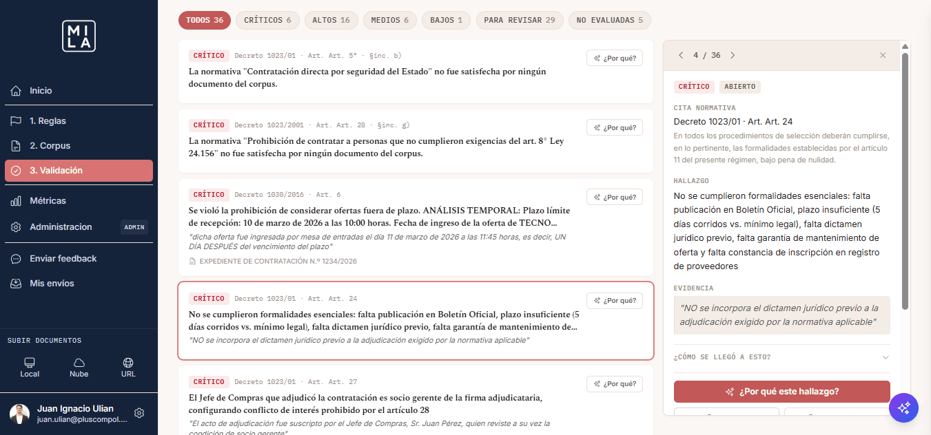 Pantalla real de Mila mostrando un hallazgo crítico con su cita normativa y evidencia